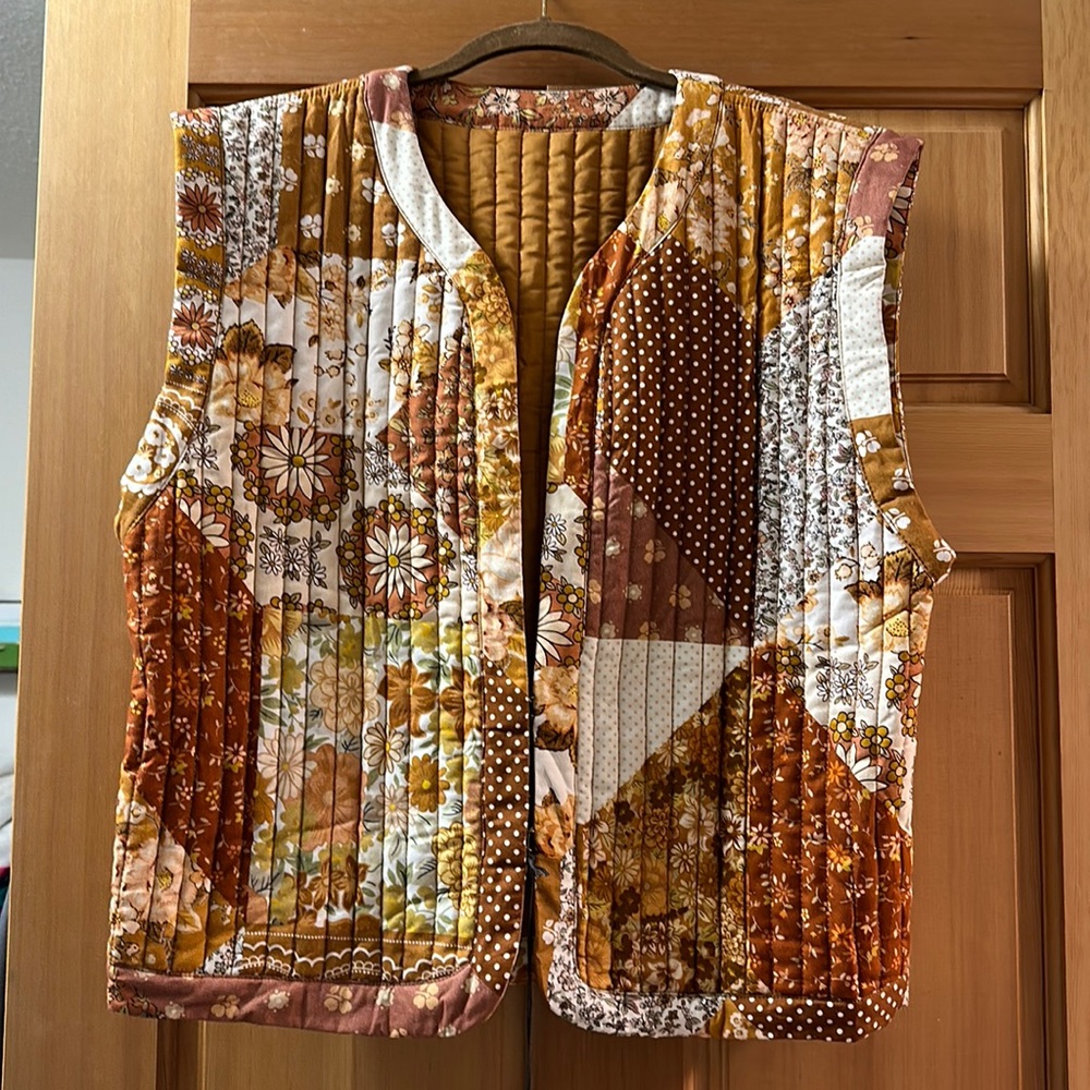 Free People Patchwork Quilted Vest - Brown, Orange, White